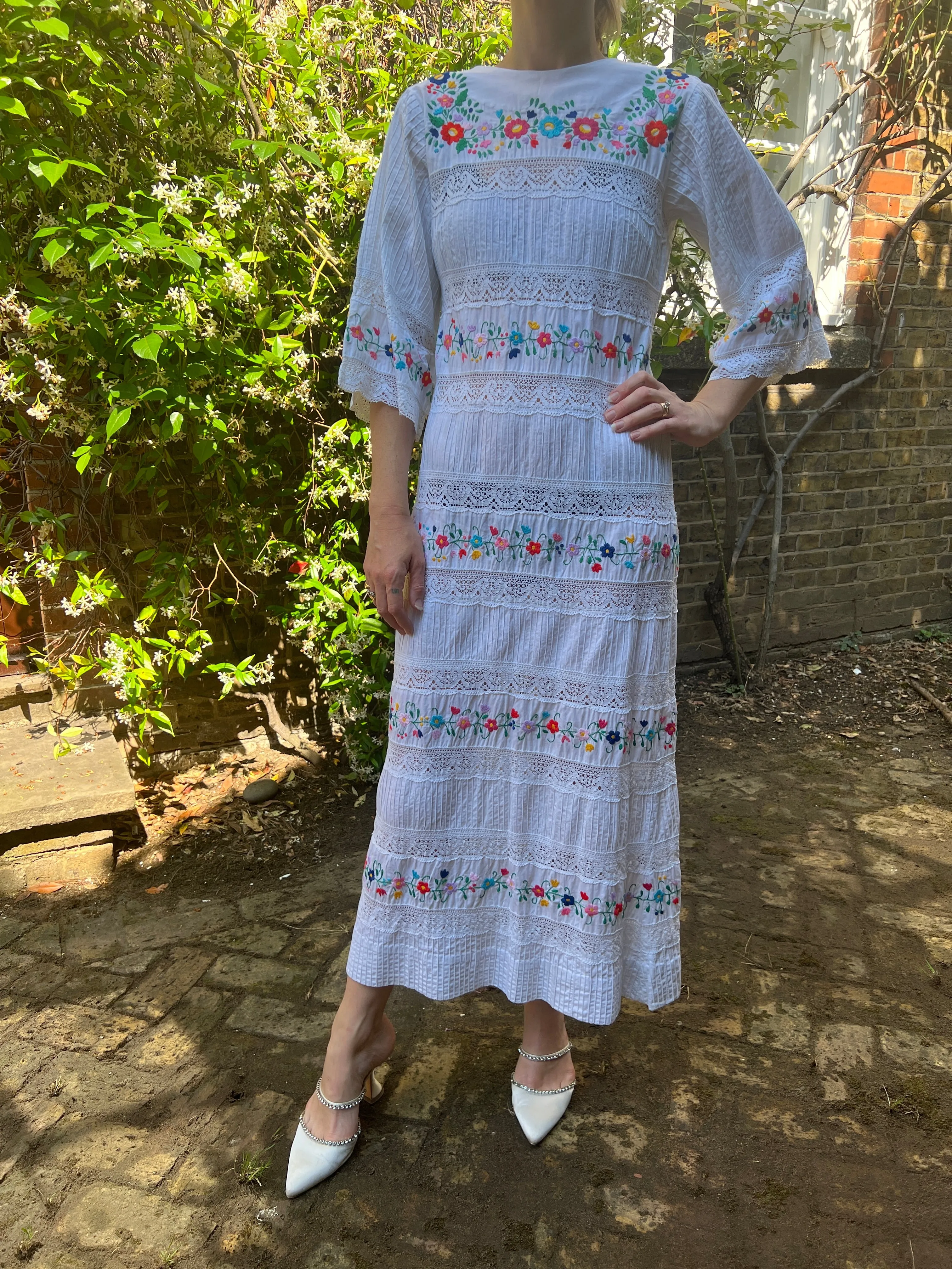 1970s Yolanda Floral Embroidered Mexican Wedding Dress