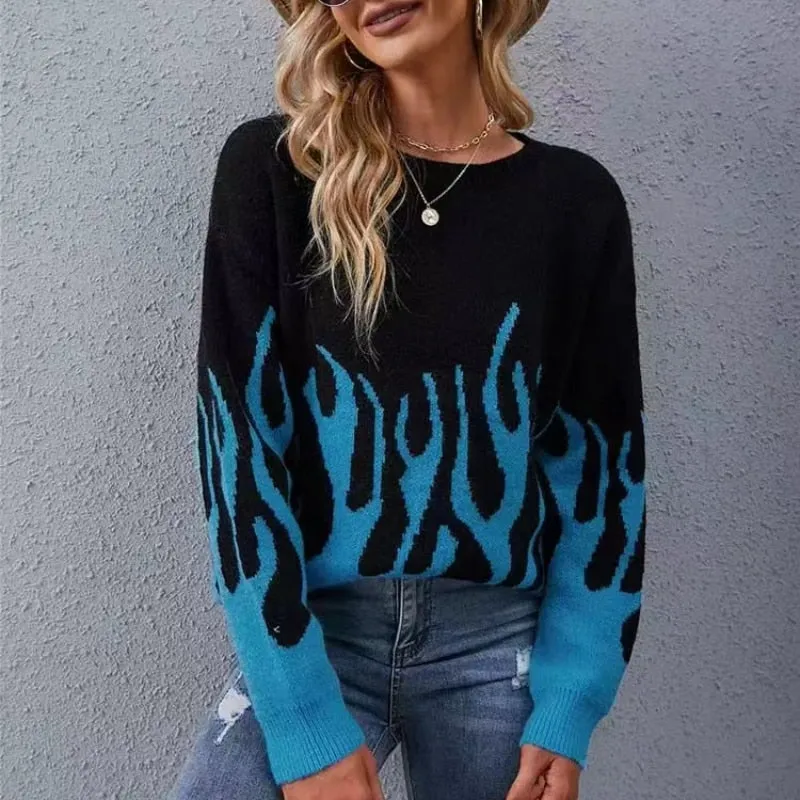 Ashoreshop Fall Winter Boho Chic Fire Print Knitting Sweaters