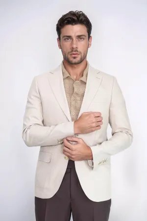 Beige Herringbone Pattern Gold MetalButton Slim Fit Men's Blazer Jacket - Wessi