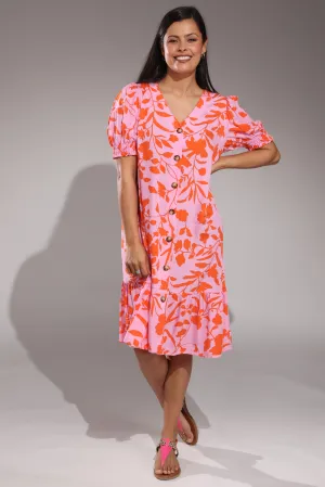 Button thru Dress with hem frill | Pink Orange Flower | 3344A1