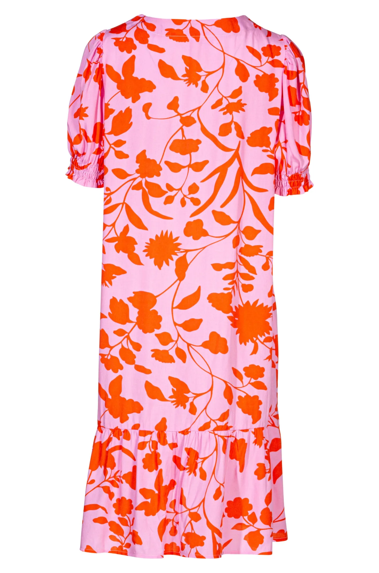 Button thru Dress with hem frill | Pink Orange Flower | 3344A1