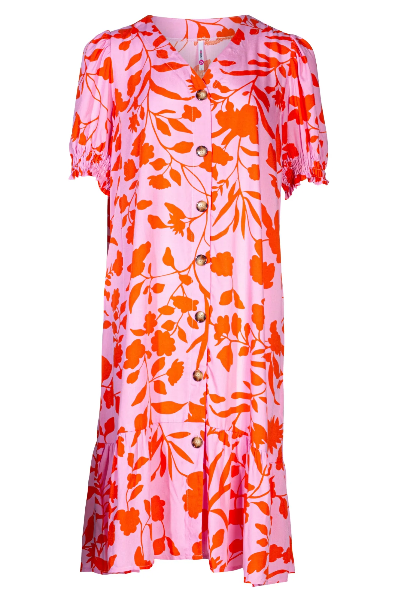 Button thru Dress with hem frill | Pink Orange Flower | 3344A1