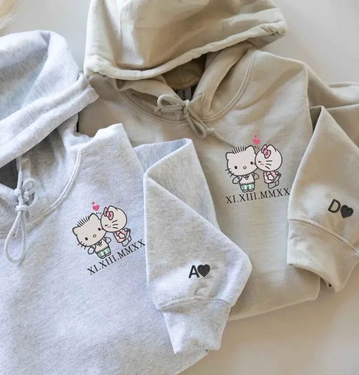 Cartoon Kitten Roman Numeral Couple Sweatshirts - Personalized Embroidered Hoodies For Couples