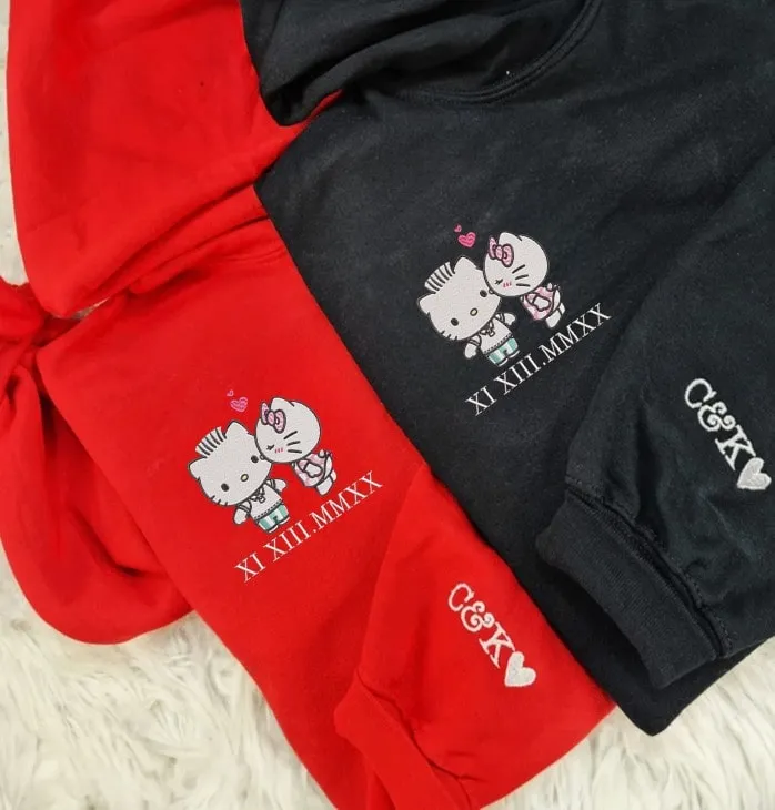 Cartoon Kitten Roman Numeral Couple Sweatshirts - Personalized Embroidered Hoodies For Couples