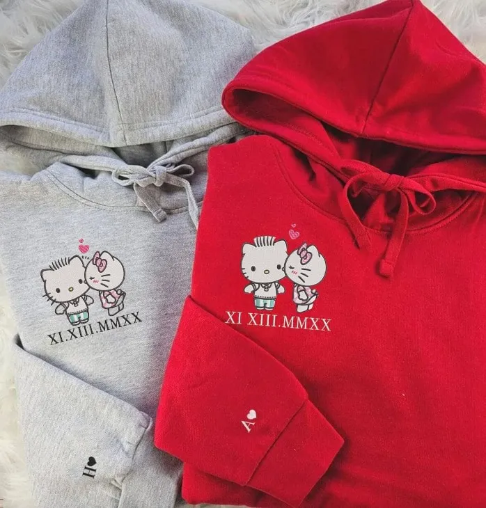 Cartoon Kitten Roman Numeral Couple Sweatshirts - Personalized Embroidered Hoodies For Couples