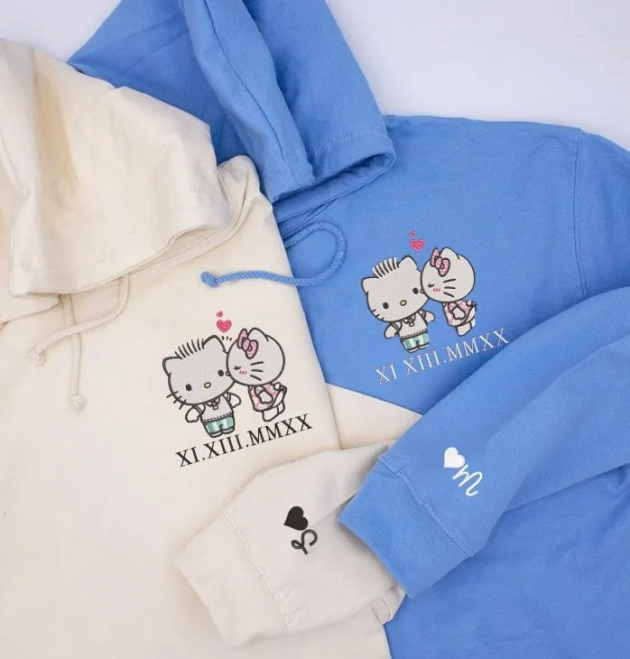 Cartoon Kitten Roman Numeral Couple Sweatshirts - Personalized Embroidered Hoodies For Couples