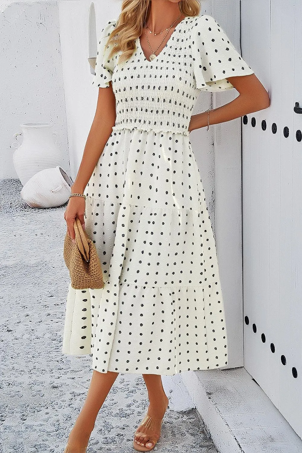 Casual Staple Swiss Dot Short Sleeve Midi Dress