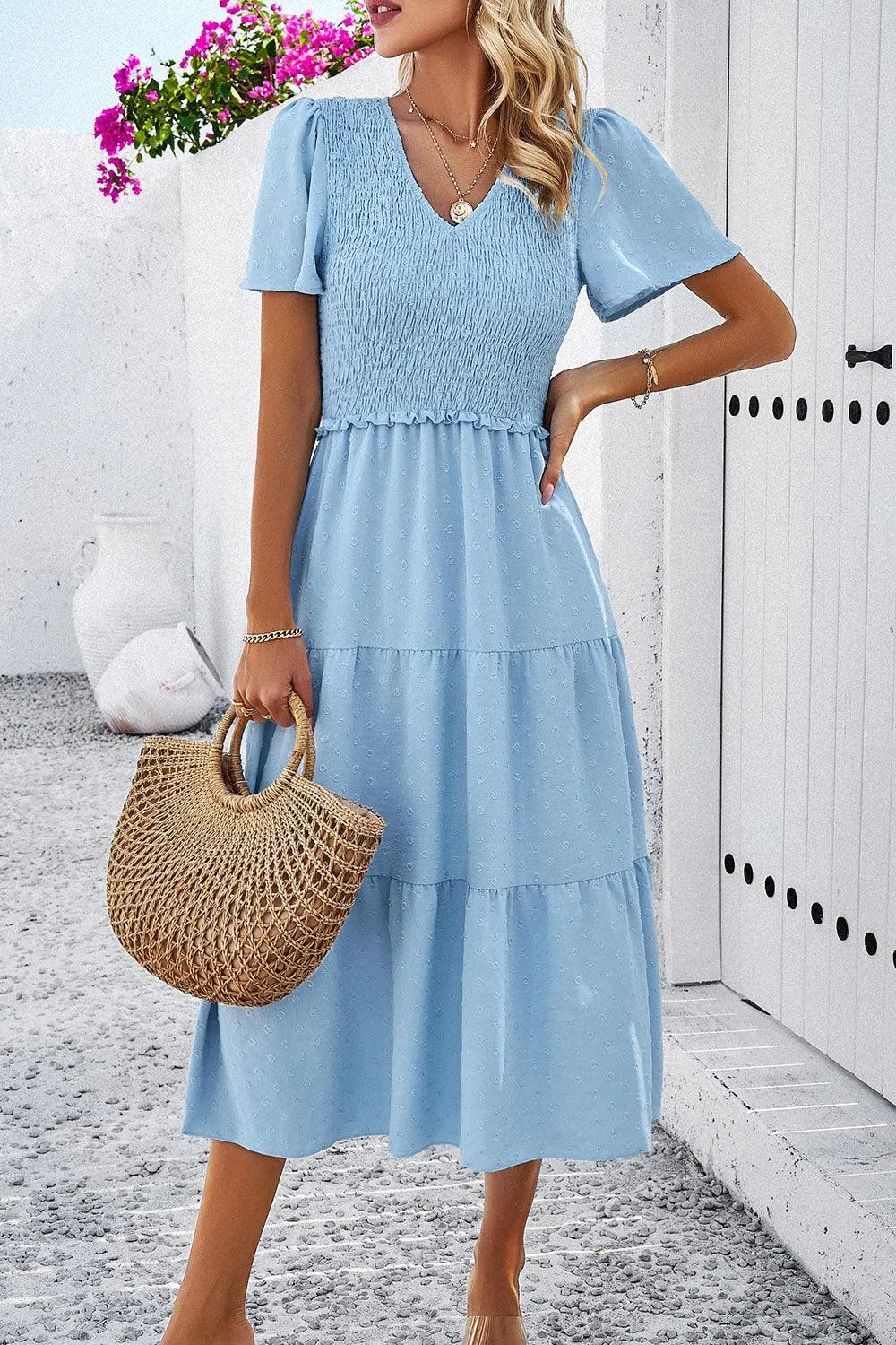 Casual Staple Swiss Dot Short Sleeve Midi Dress