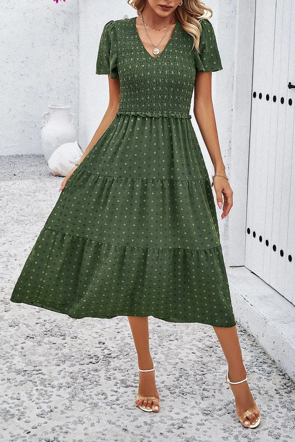 Casual Staple Swiss Dot Short Sleeve Midi Dress