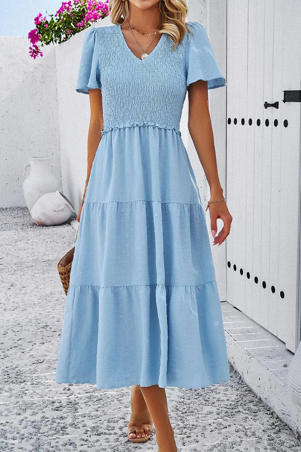 Casual Staple Swiss Dot Short Sleeve Midi Dress