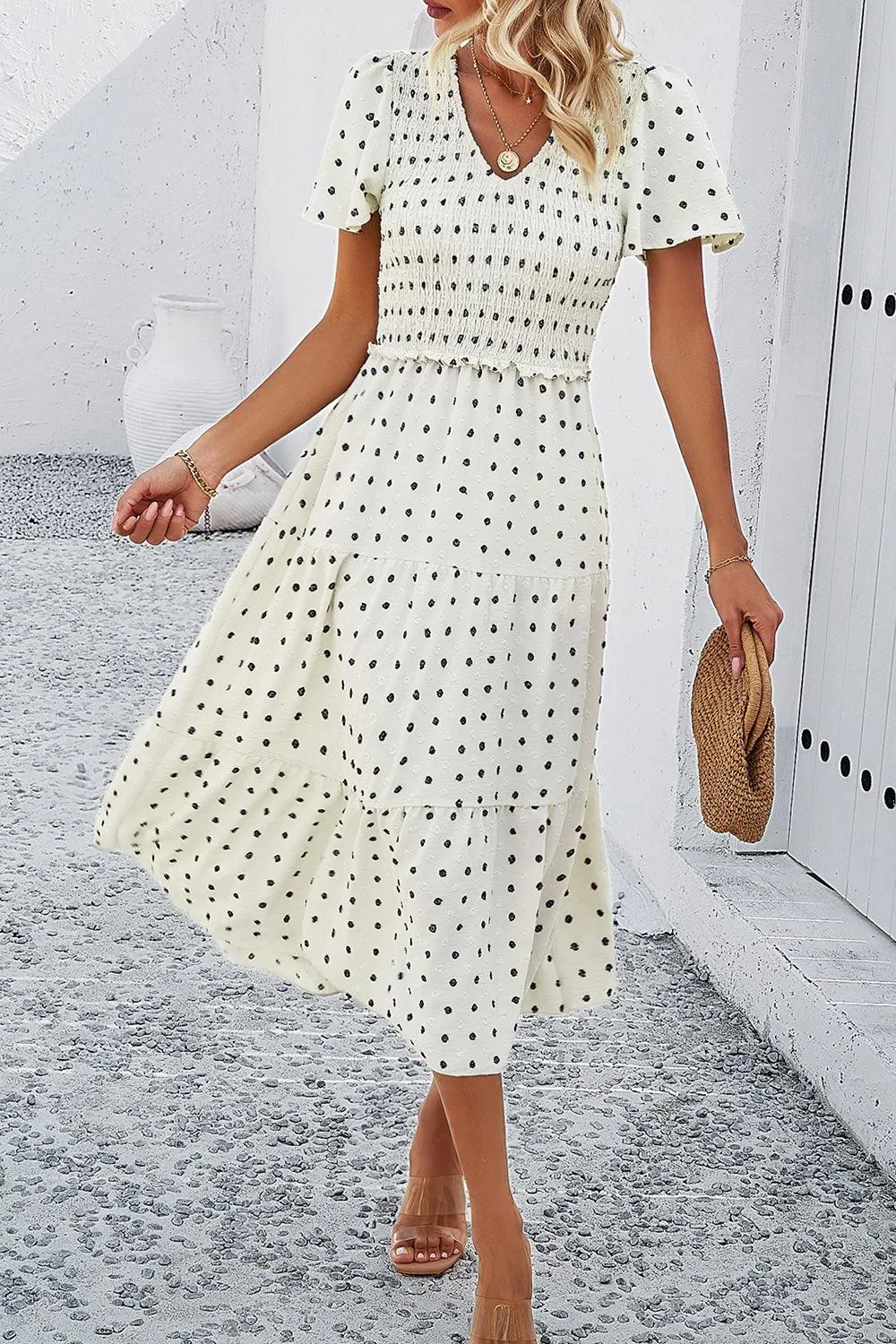 Casual Staple Swiss Dot Short Sleeve Midi Dress
