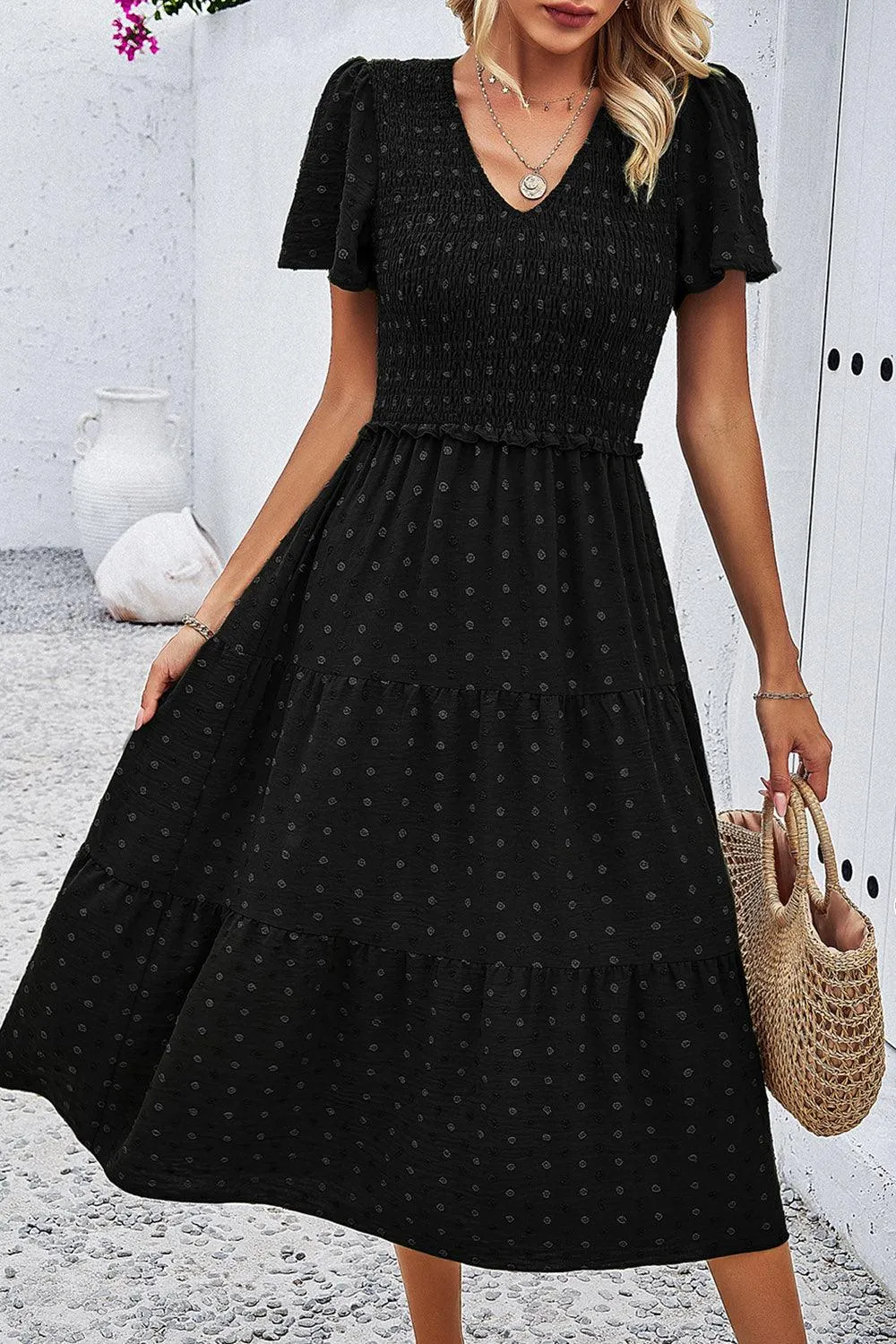 Casual Staple Swiss Dot Short Sleeve Midi Dress