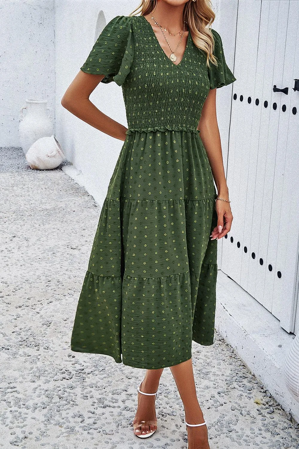 Casual Staple Swiss Dot Short Sleeve Midi Dress