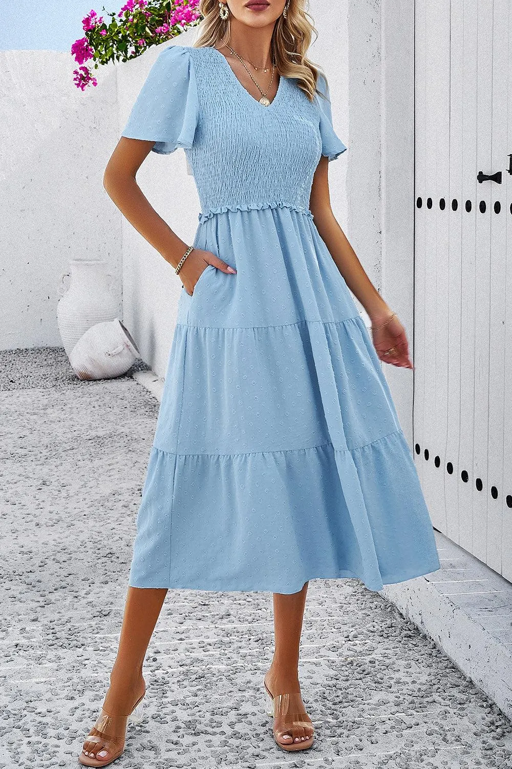 Casual Staple Swiss Dot Short Sleeve Midi Dress
