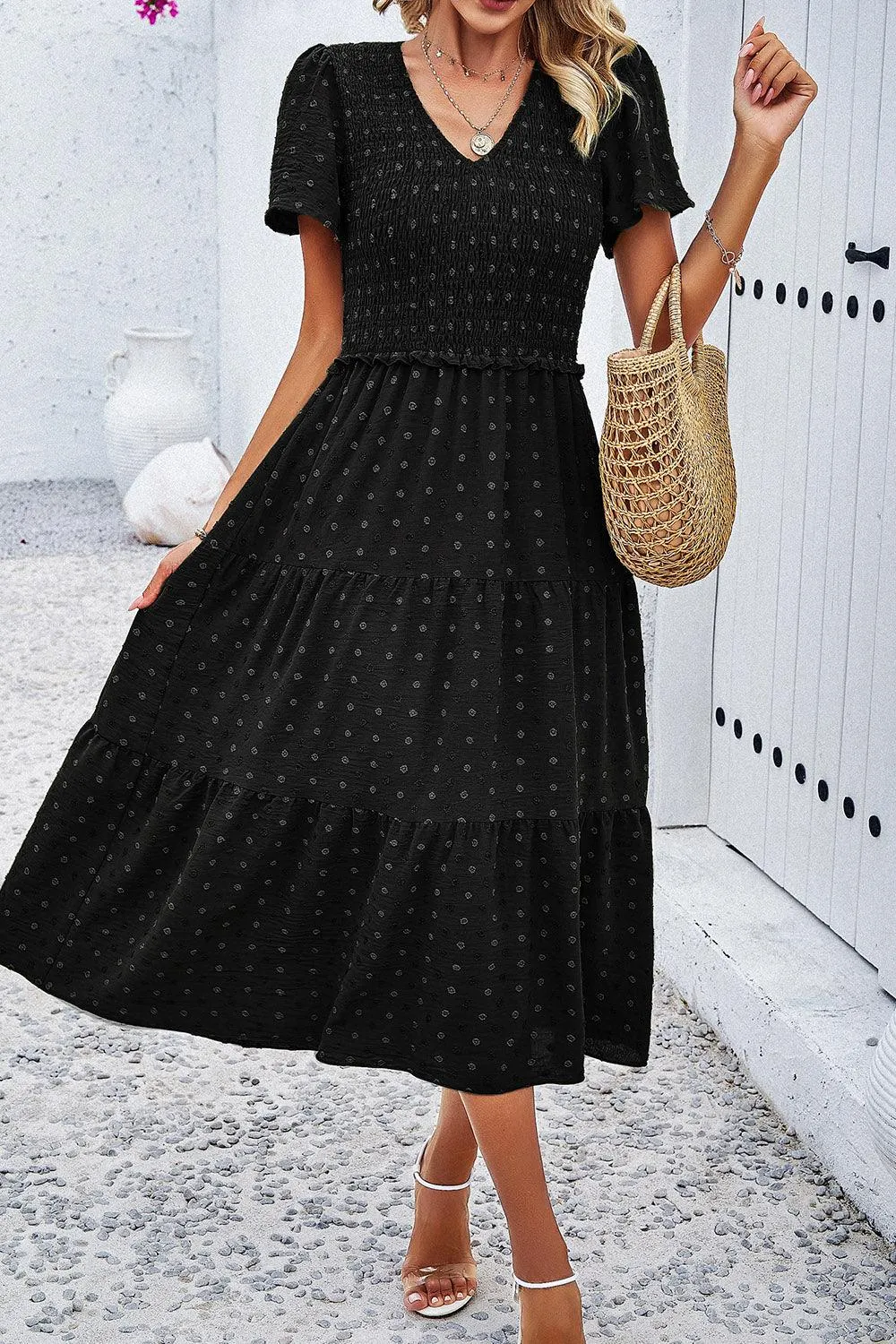 Casual Staple Swiss Dot Short Sleeve Midi Dress