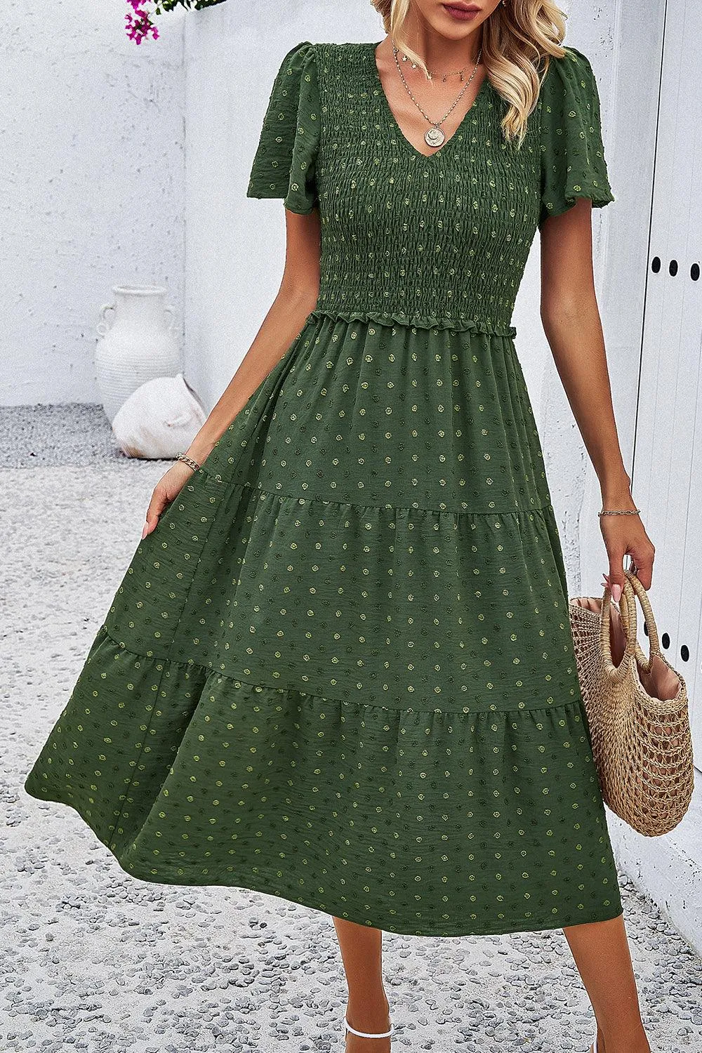 Casual Staple Swiss Dot Short Sleeve Midi Dress