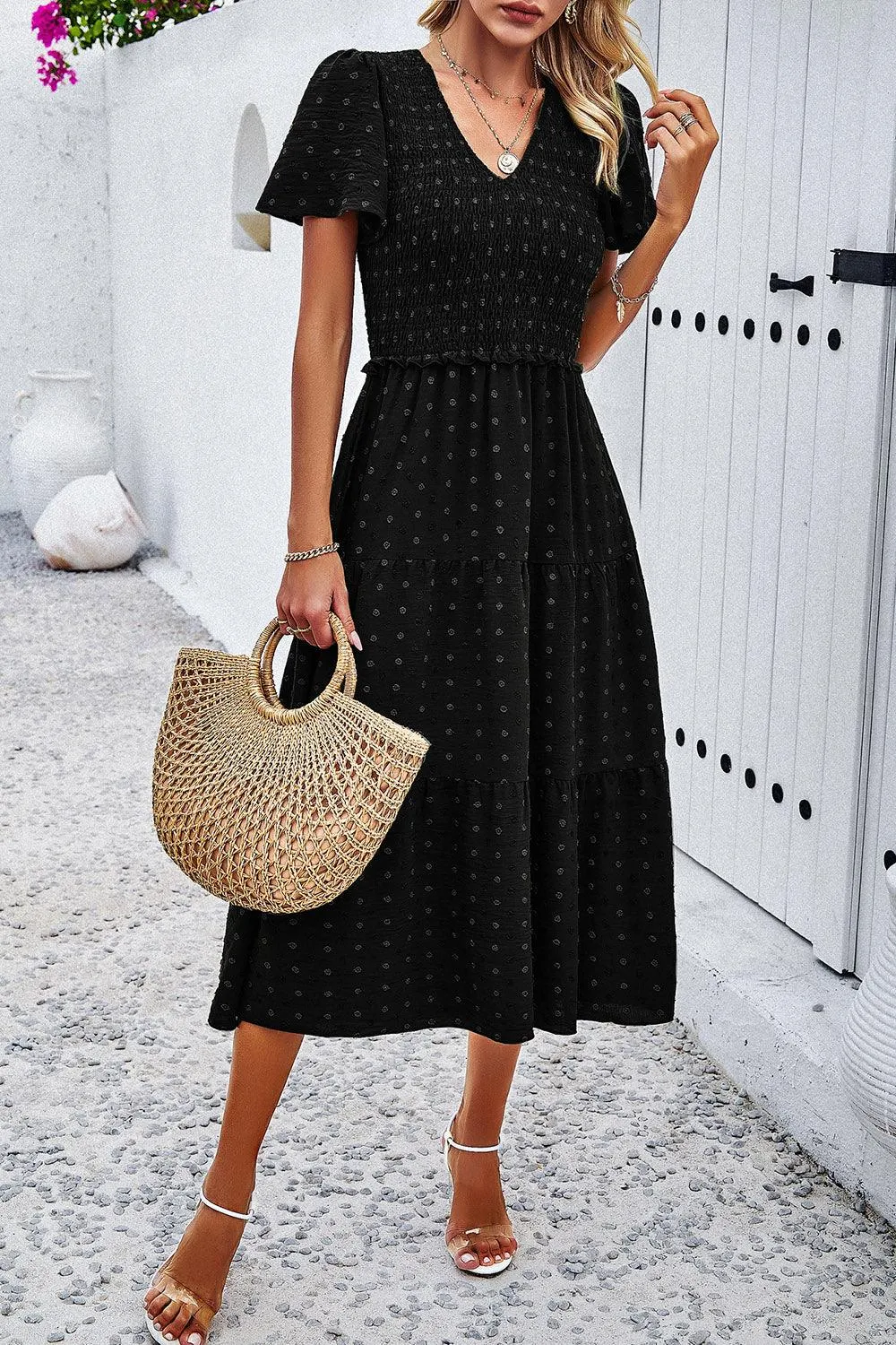 Casual Staple Swiss Dot Short Sleeve Midi Dress