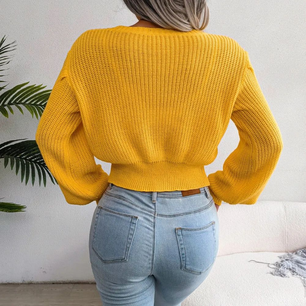 casual Twist Balloon Sleeve Nipped Waist Knit Sweater For Ladies Fashion All Match Chic Tops