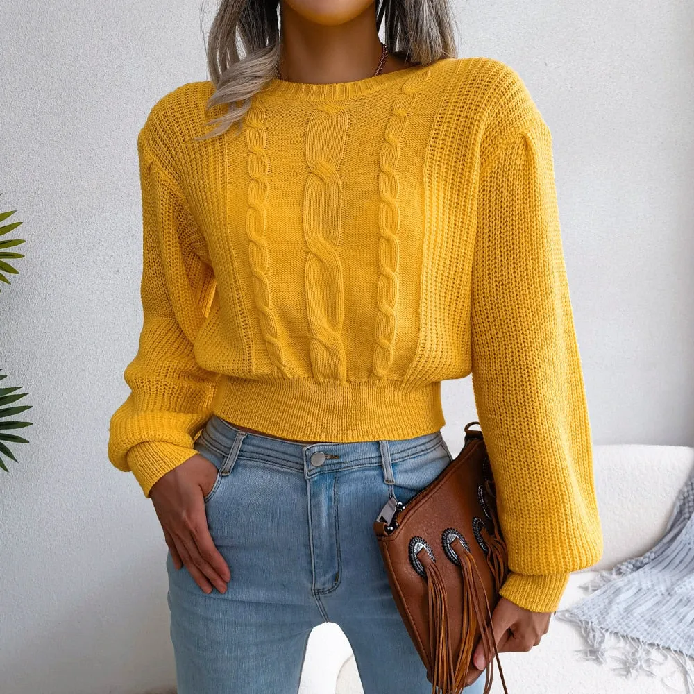 casual Twist Balloon Sleeve Nipped Waist Knit Sweater For Ladies Fashion All Match Chic Tops