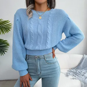 casual Twist Balloon Sleeve Nipped Waist Knit Sweater For Ladies Fashion All Match Chic Tops