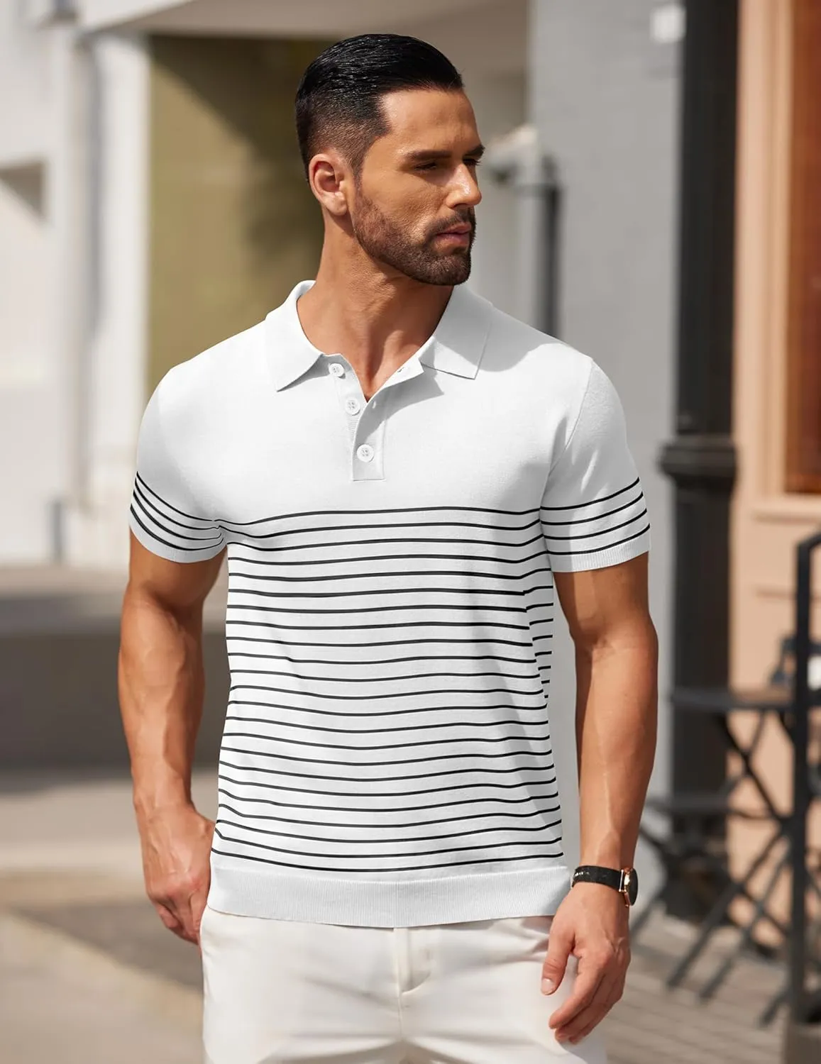 COOFANDY Men's Knit Polo Shirts Short Sleeve Striped Golf Polo Shirts Lightweight Casual Collared T Shirt