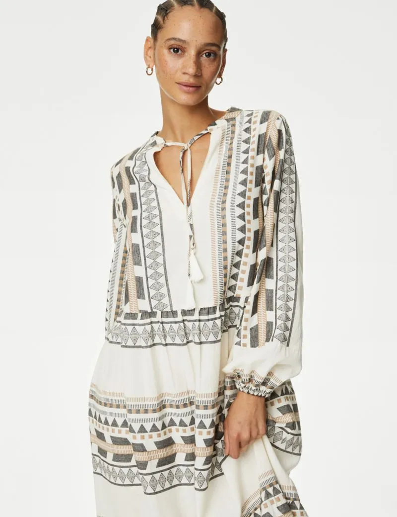 Cotton Rich Jacquard Maxi Kaftan Dress