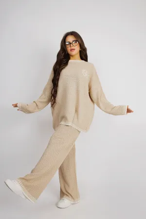 Cozy Knitwear Set With Intricate Edge Design - Beige