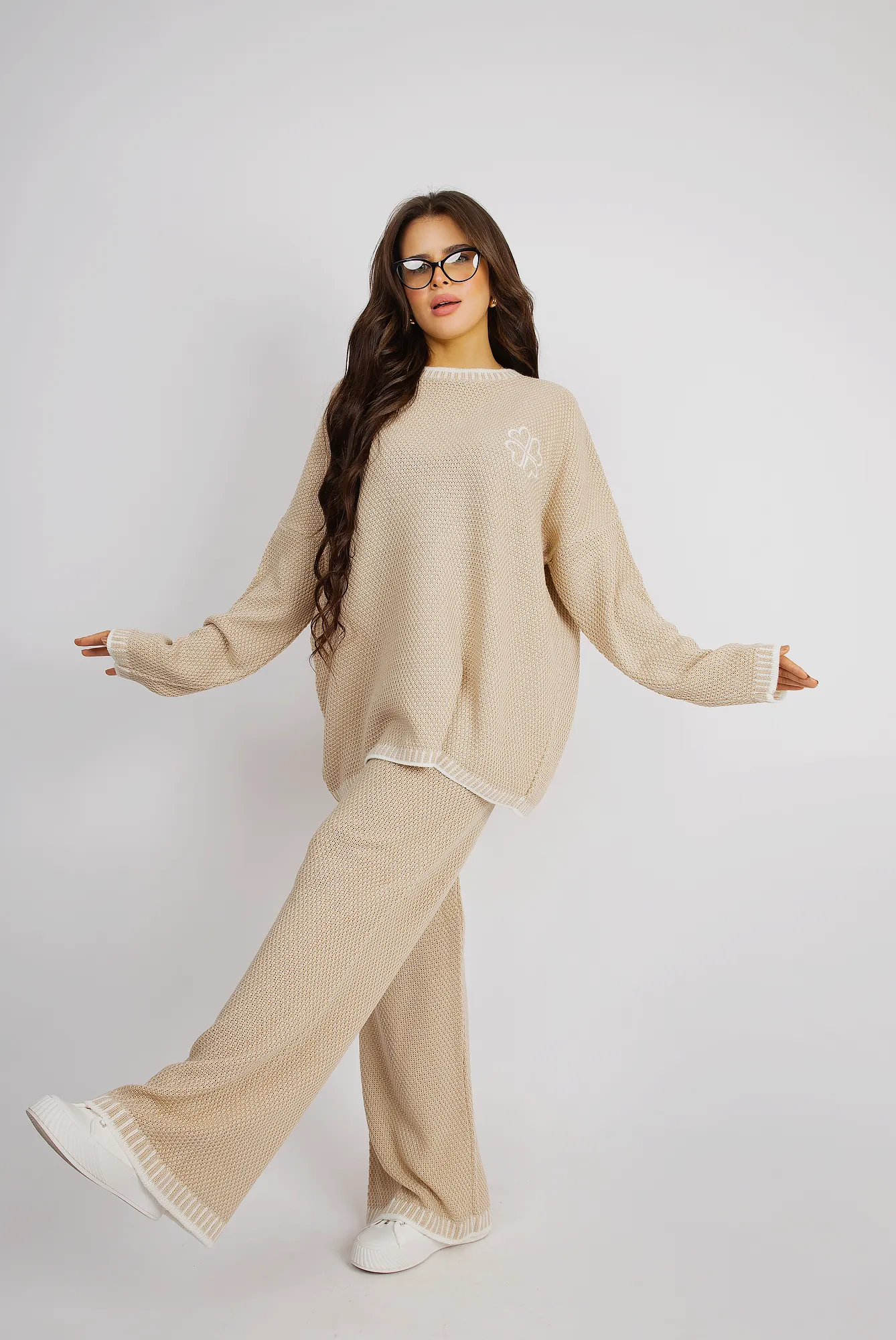 Cozy Knitwear Set With Intricate Edge Design - Beige