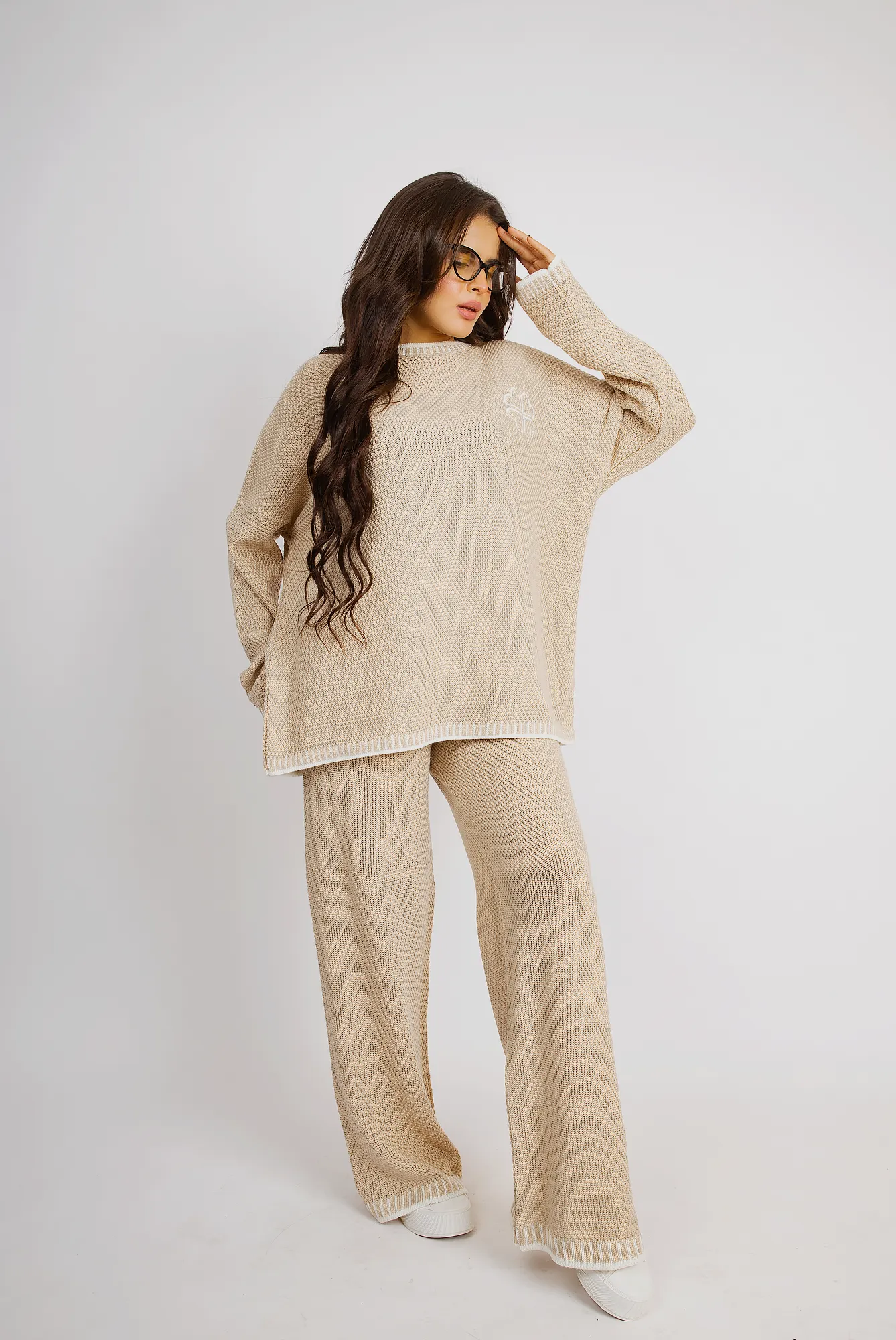 Cozy Knitwear Set With Intricate Edge Design - Beige