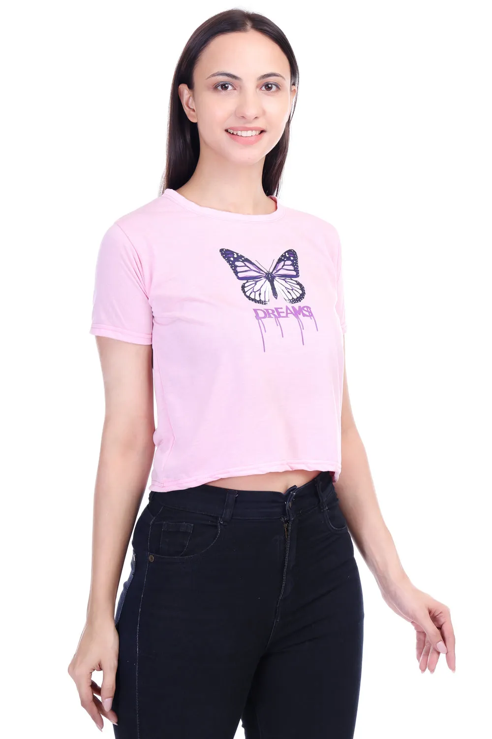 DK FASHION Women's  Women Solid Round Neck Pure Cotton Pink Butterfly Print T-Shirt