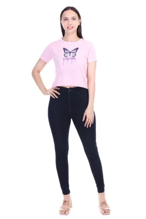 DK FASHION Women's  Women Solid Round Neck Pure Cotton Pink Butterfly Print T-Shirt
