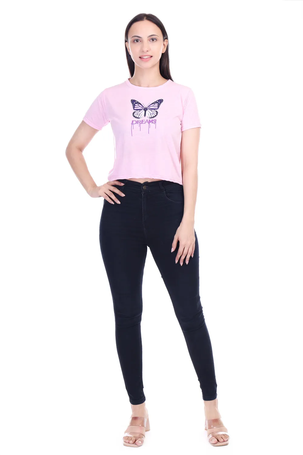 DK FASHION Women's  Women Solid Round Neck Pure Cotton Pink Butterfly Print T-Shirt