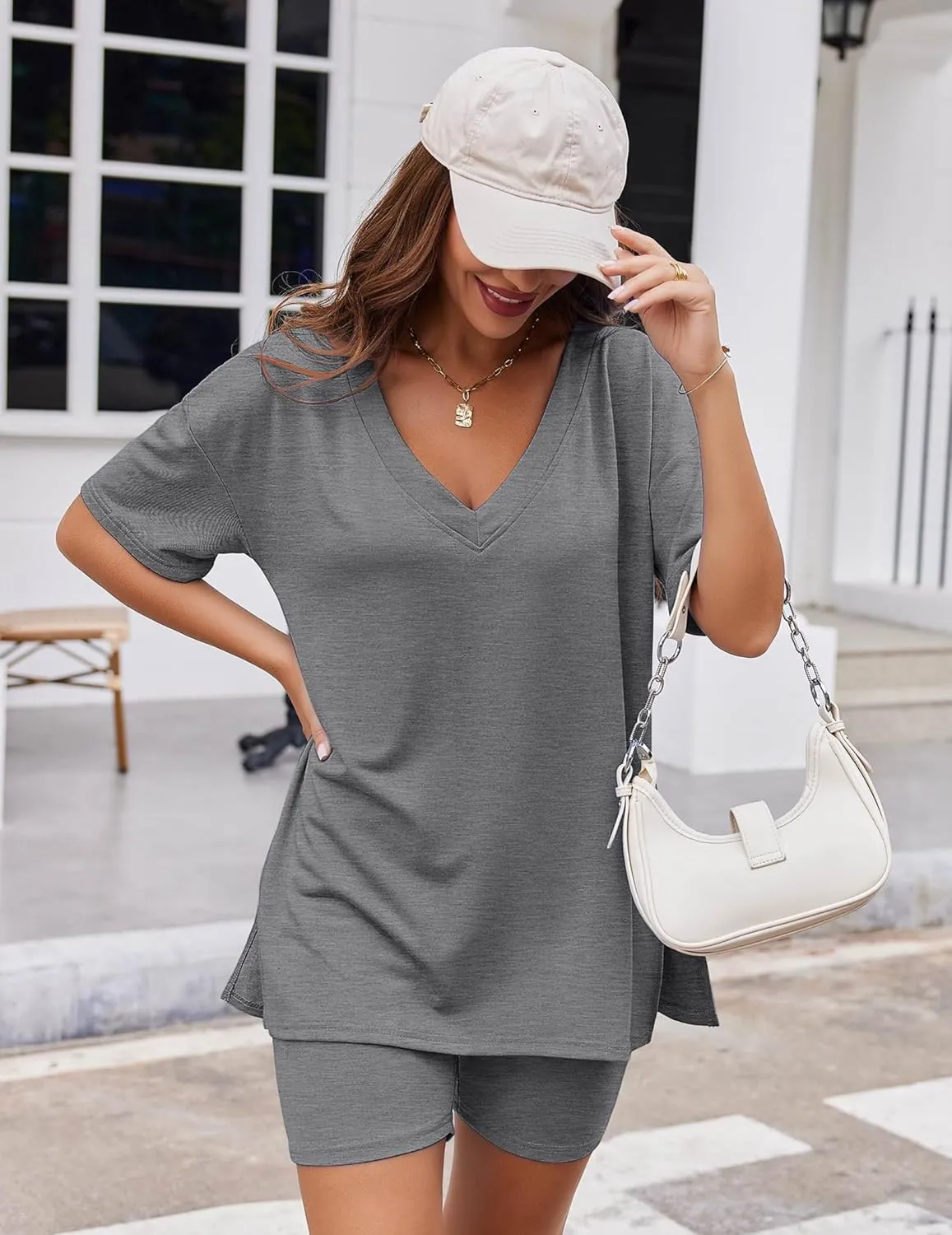 Ekouaer Womens Pajamas 2 Piece Lounge Sets Oversized V Neck T-Shirts Tops Biker Shorts Set Workout Reversible Tracksuit S-XXL