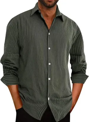 elselect Men's Button-Down Striped Shirts Casual Long Sleeve Cotton Linen Shirts for Men Collared Fashion Business Shirt Dark Green 3XL