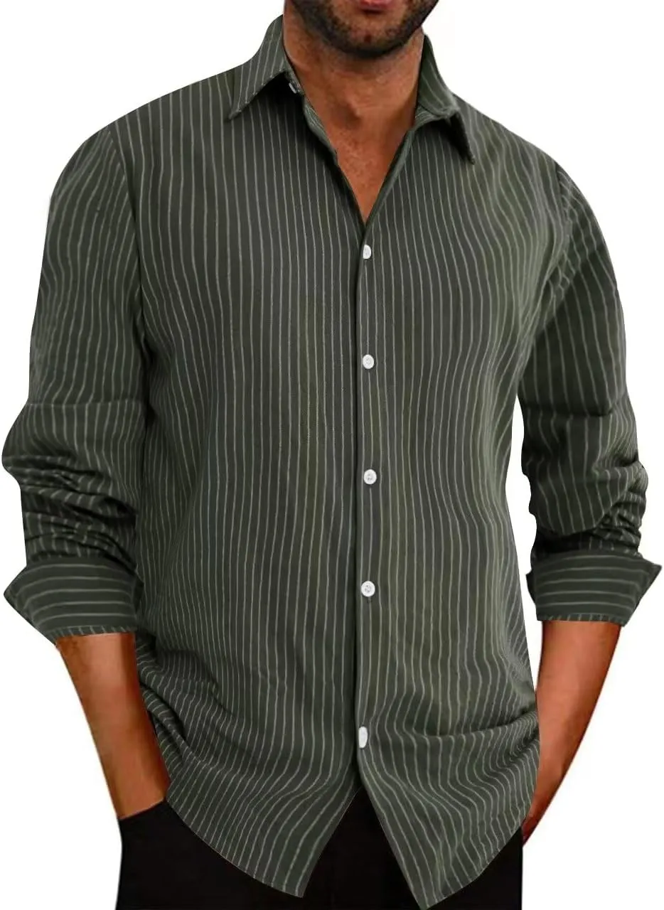 elselect Men's Button-Down Striped Shirts Casual Long Sleeve Cotton Linen Shirts for Men Collared Fashion Business Shirt Dark Green 3XL