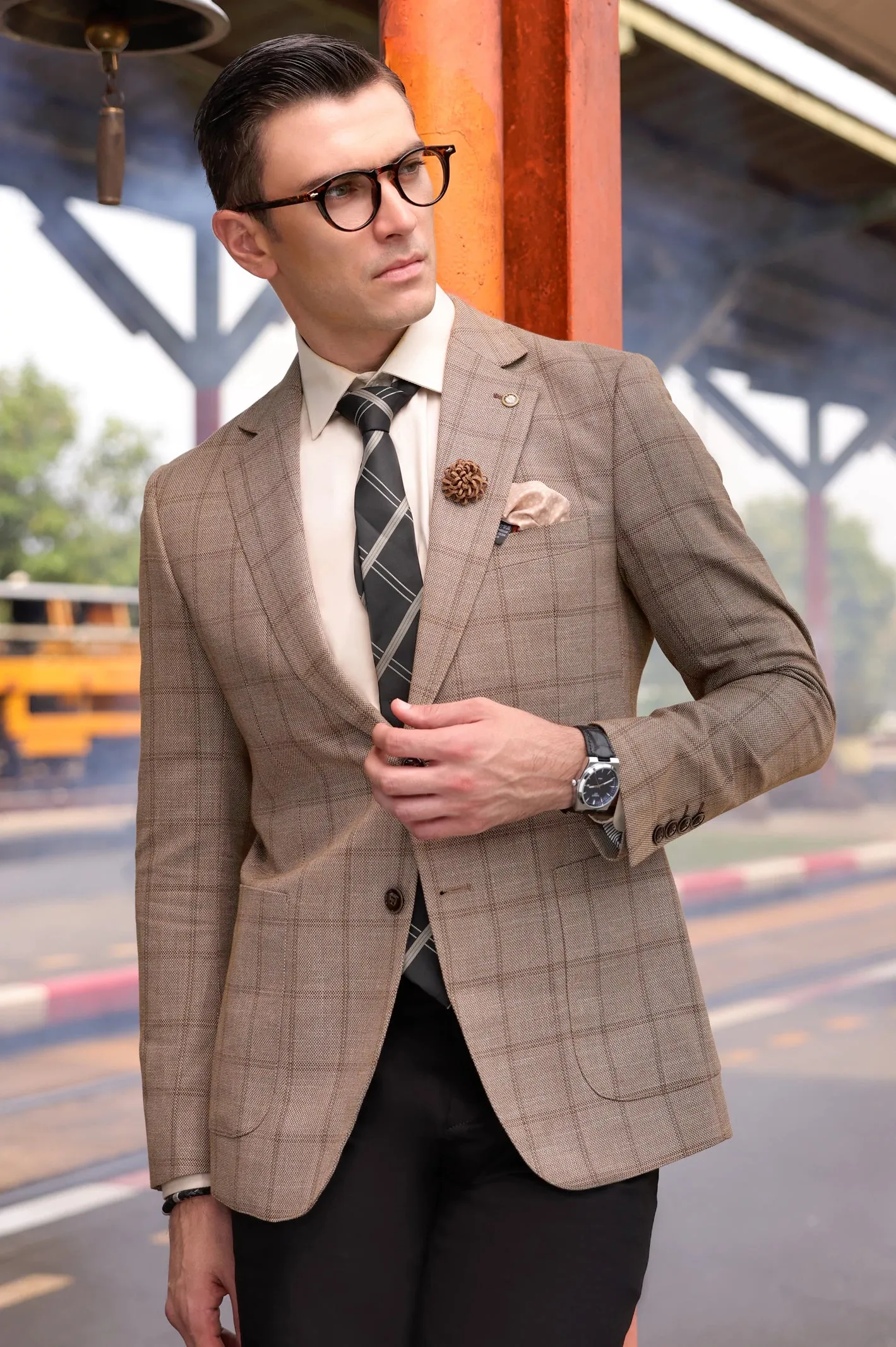 Fawn Windowpane Check Blazer