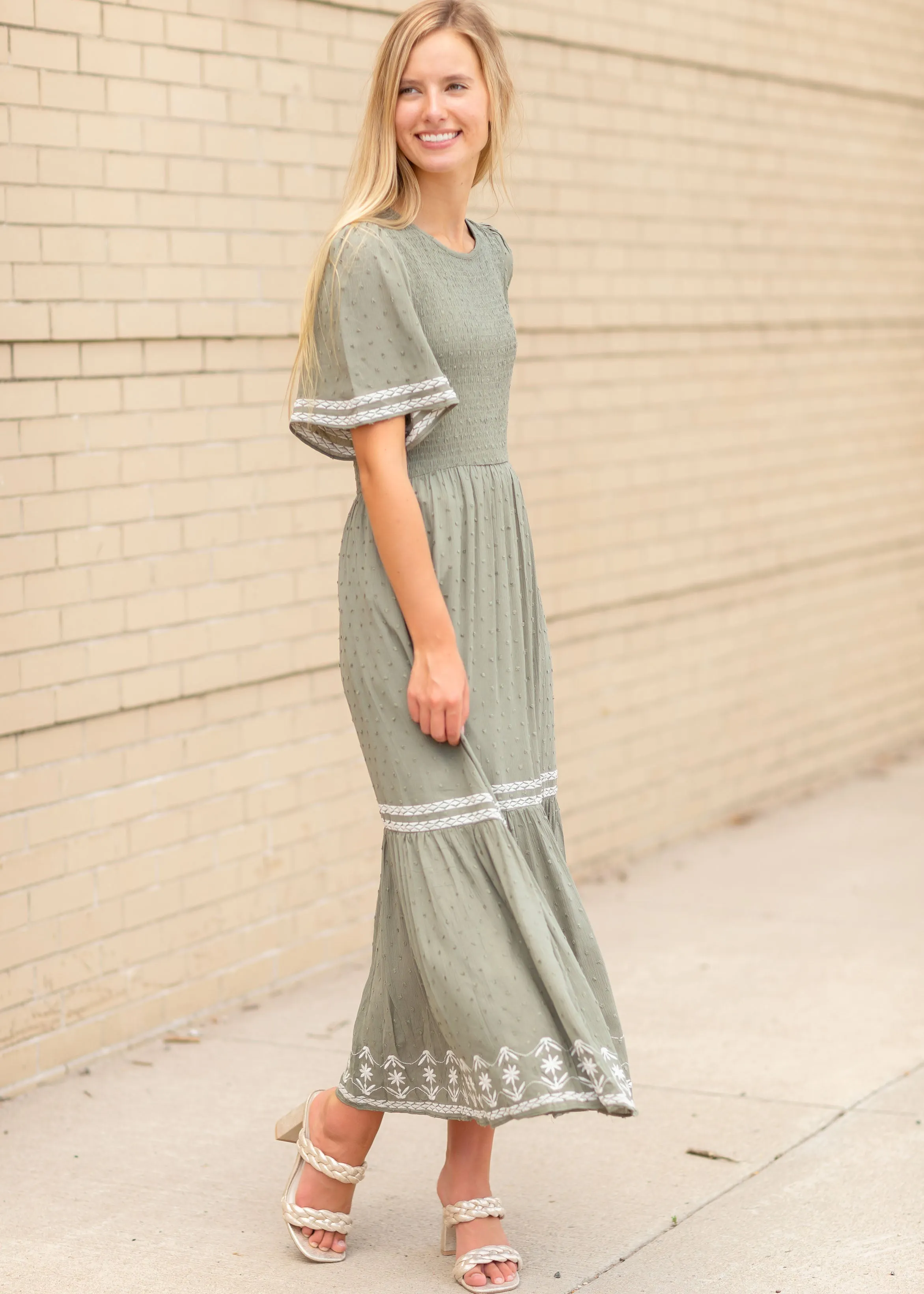 Flutter Sleeve Smocked Embroidered Midi Dress - FINAL SALE