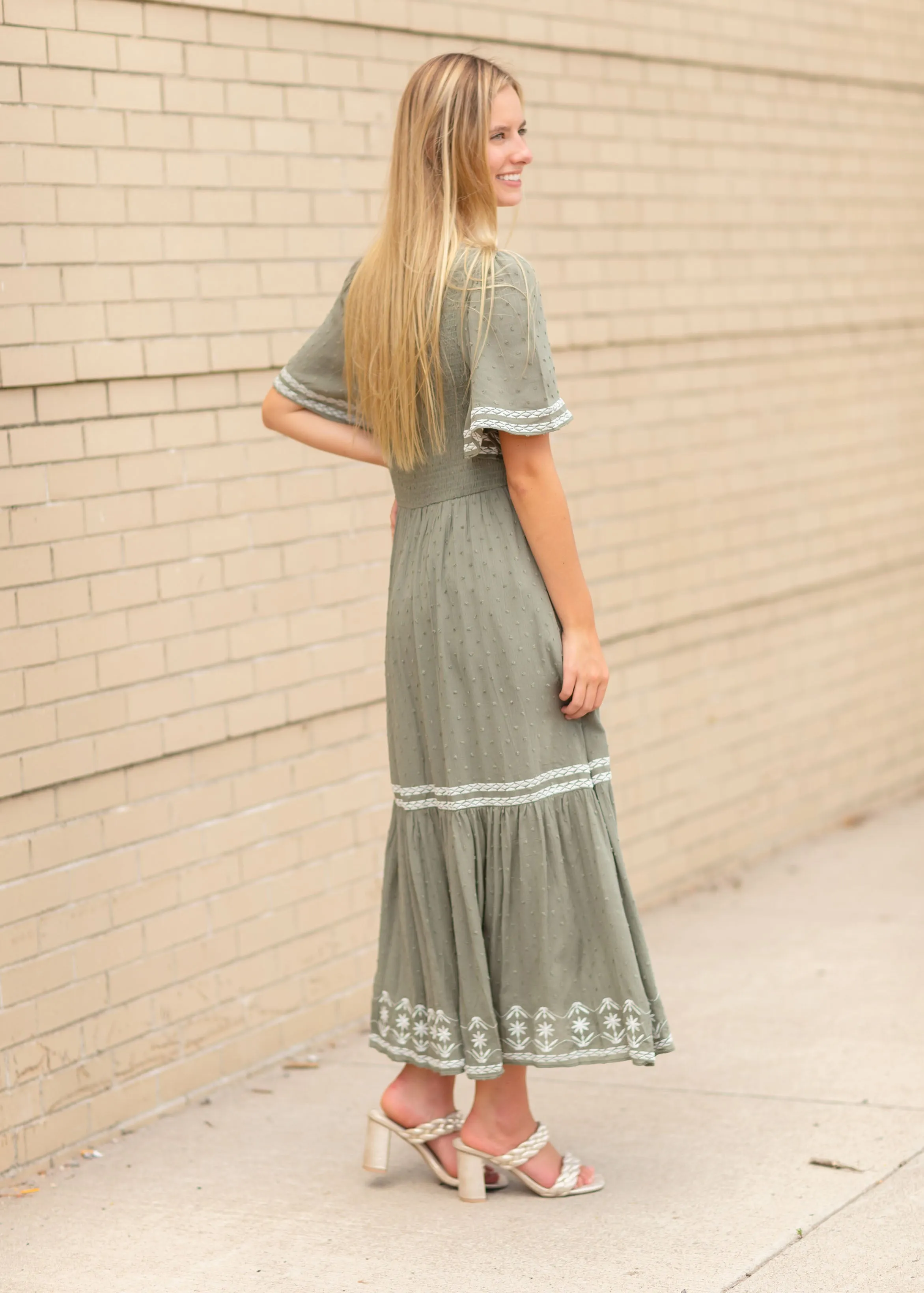 Flutter Sleeve Smocked Embroidered Midi Dress - FINAL SALE