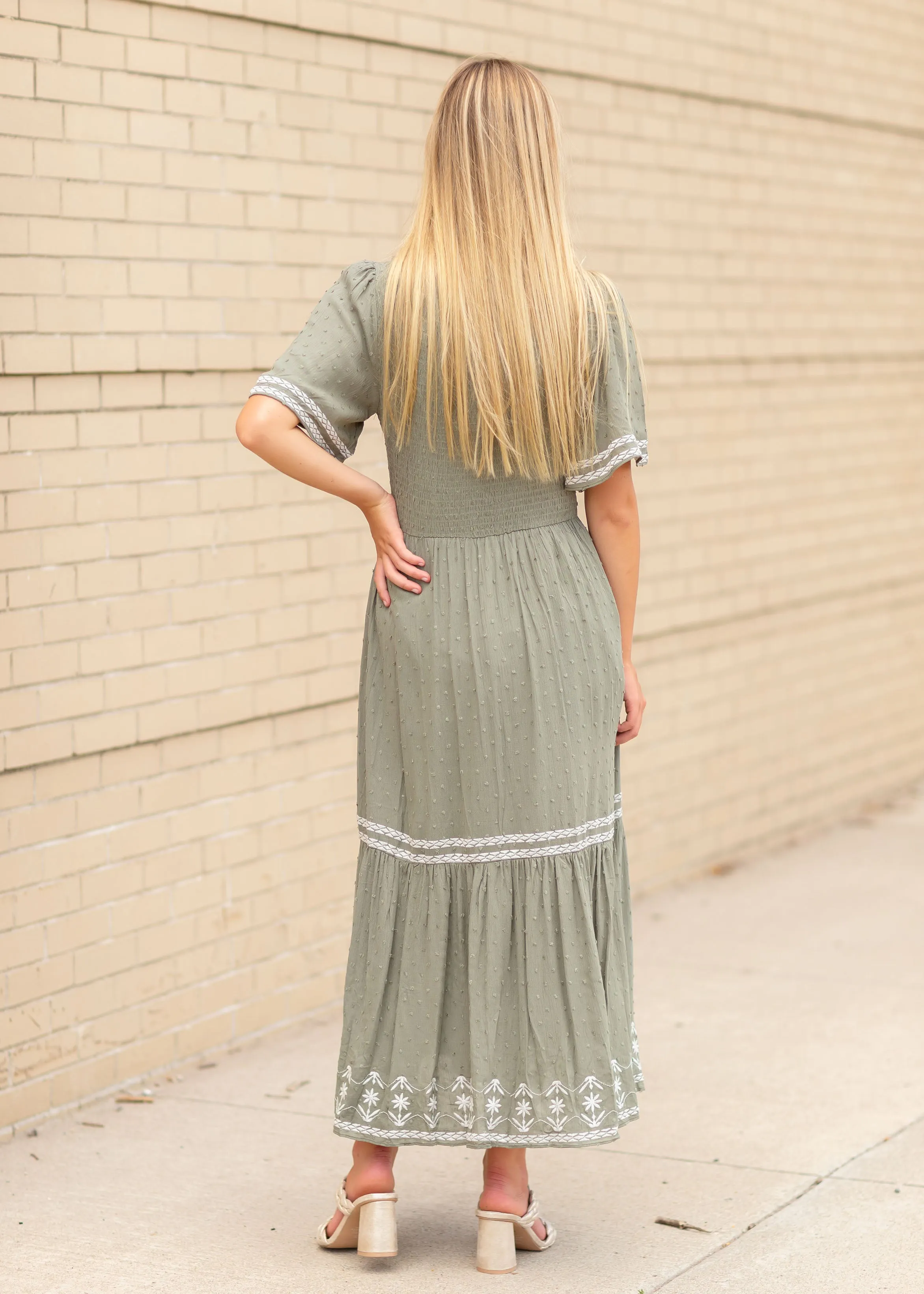 Flutter Sleeve Smocked Embroidered Midi Dress - FINAL SALE
