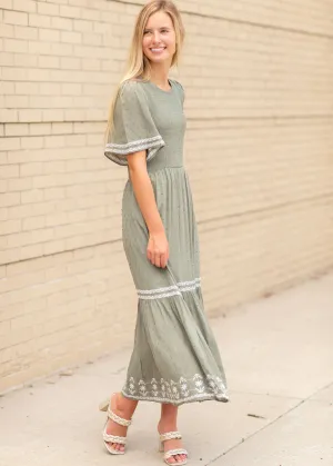 Flutter Sleeve Smocked Embroidered Midi Dress - FINAL SALE