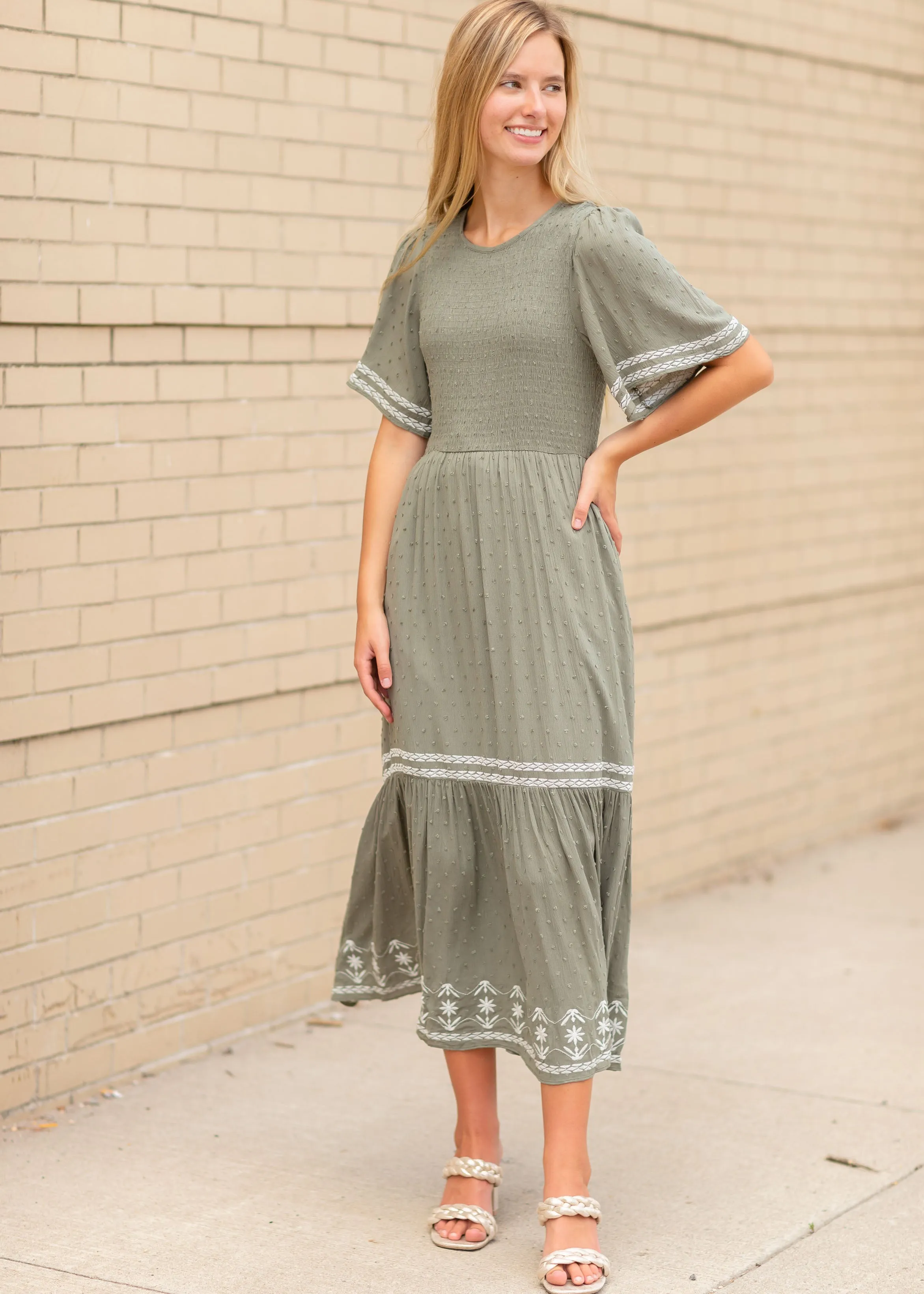 Flutter Sleeve Smocked Embroidered Midi Dress - FINAL SALE