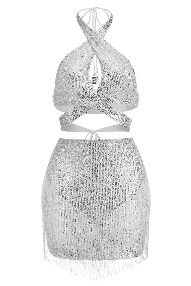 Flytonn-nye outfits Sparkly Sequin Wrap Halter Top High Waist Fringe Mini Two Piece Dress - Silver