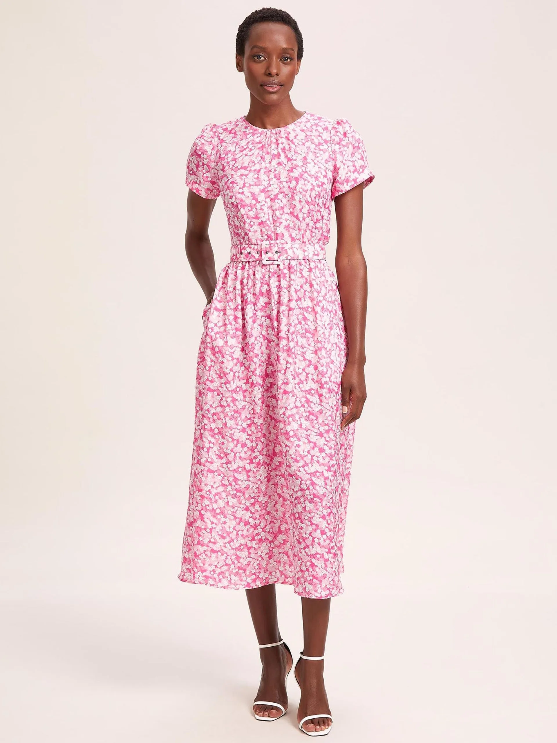 Hot pink blossom print Nina cotton blend maxi dress
