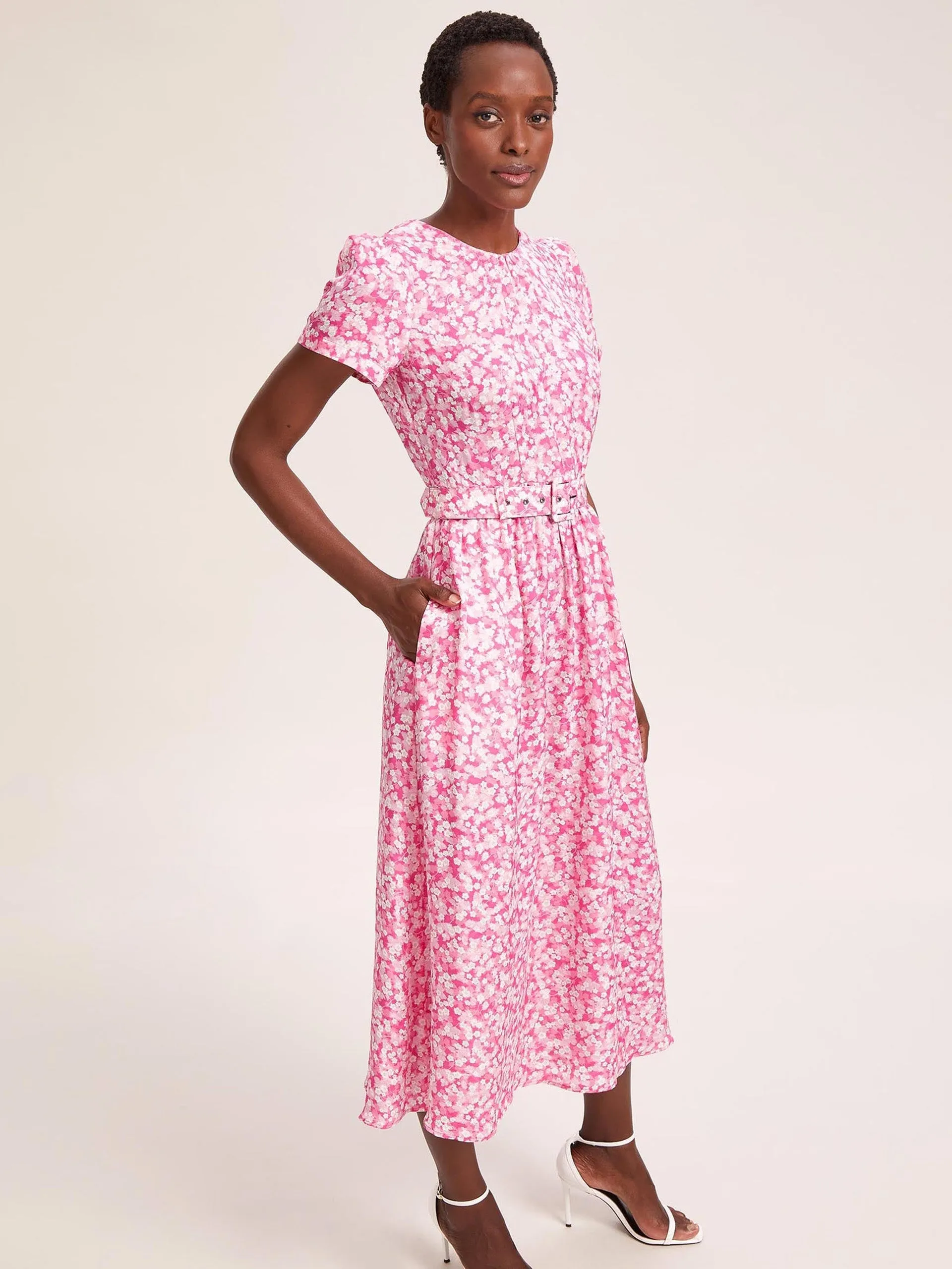 Hot pink blossom print Nina cotton blend maxi dress
