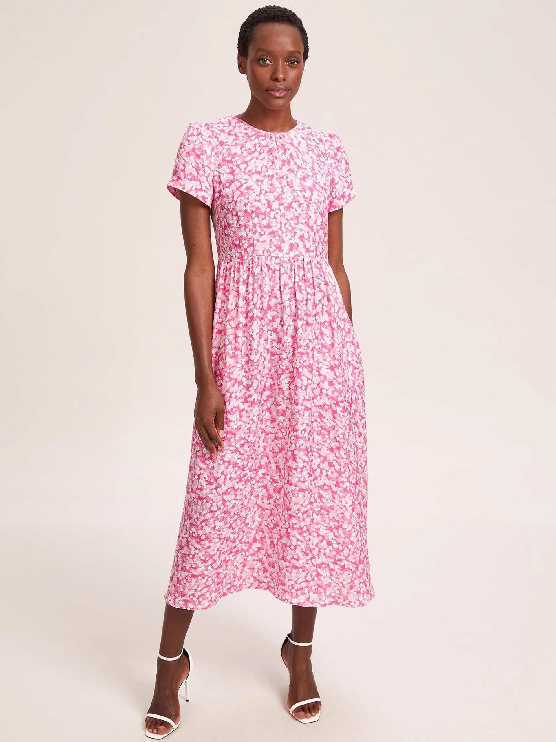 Hot pink blossom print Nina cotton blend maxi dress