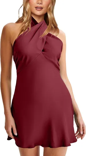 HYPERFIRE Women's Elegant Satin Mini Dress Criss Cross Halter Wedding Guest Dresses Short Formal Dress