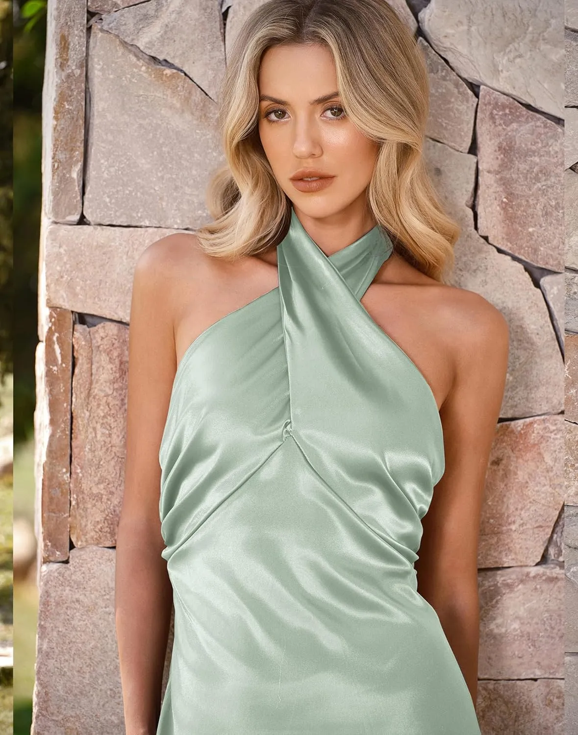 HYPERFIRE Women's Elegant Satin Mini Dress Criss Cross Halter Wedding Guest Dresses Short Formal Dress