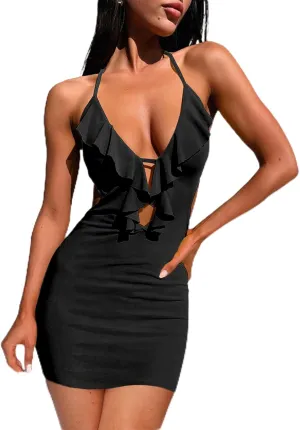 HYPERFIRE Women's Sexy Halter Ruffle V Neck Cut Out Waist Mesh Mini Dress Sleeveless Tie Back Bodycon Dresses