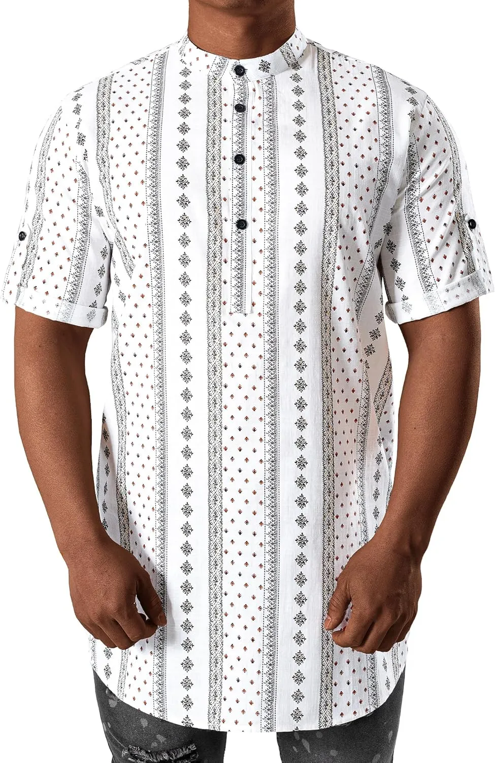 JOGAL Mens Striped Henley Shirt Short Sleeve Traditional African Style Dashiki Shirts