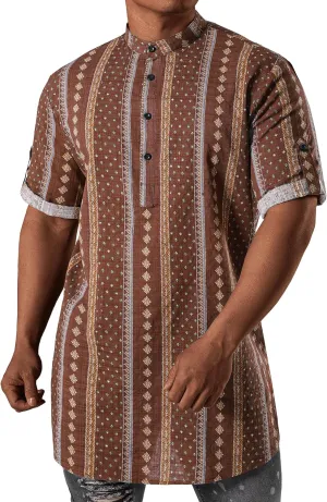 JOGAL Mens Striped Henley Shirt Short Sleeve Traditional African Style Dashiki Shirts